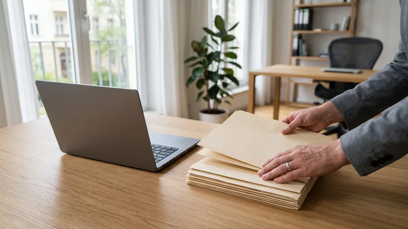 Hände ordnen leere Mappen neben einem geschlossenen Laptop