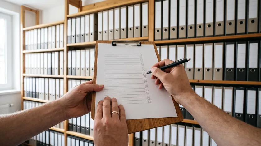 Hand mit Stift über leerer Checkliste vor Ordnerregalen